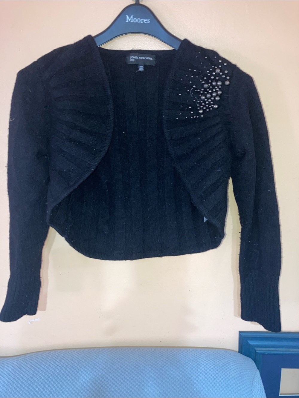 Jones New York Black Cropped Open-Front Cardigan with Shoulder Bead Detail